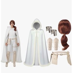 Mepase Queen Cosplay Costume Medieval White Hooded Cloak Wig Belt Arm Guards